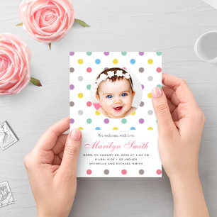 Colourful Polka Dots Photo Birth Announcement