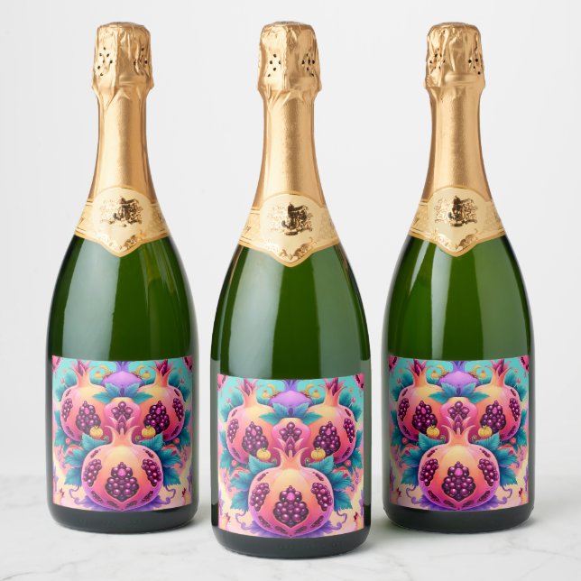 Colourful Pomegranate Sparkling Wine Label (Bottles)
