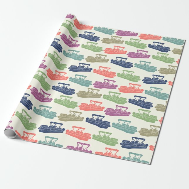 Colourful Pontoon Boats Patterned Boating Gift Wrapping Paper (Unrolled)