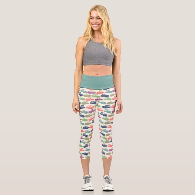 Colourful Pontoon Boats Patterned Boating Print Capri Leggings (Front)