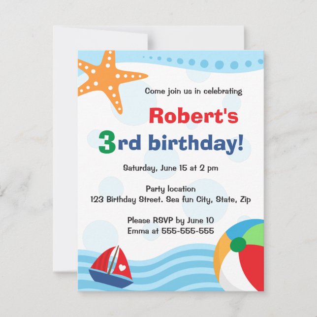 Colourful pool or beach party invitation for kids (Front)