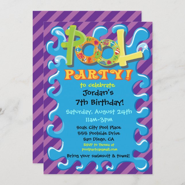 Colourful Pool Party Invitations (Front/Back)