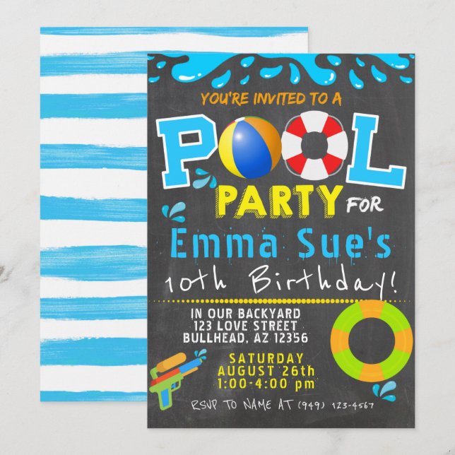 Colourful Pool Party Water Gun Birthday Invitation (Front/Back)