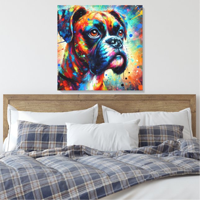 Colourful Pop Art Boxer Dog Dogs Teal Blue Puppy Canvas Print (Insitu(Bedroom))