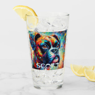 Colourful Pop Art Boxer Dog Personalised Teal Blue Glass
