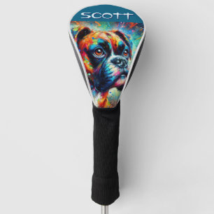 Colourful Pop Art Boxer Dog Personalised Teal Blue Golf Head Cover