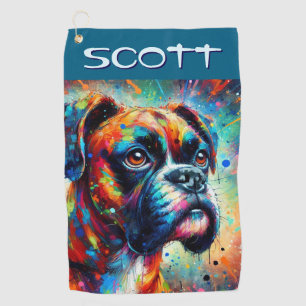 Colourful Pop Art Boxer Dog Personalised Teal Blue Golf Towel