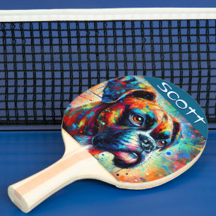 Colourful Pop Art Boxer Dog Personalised Teal Blue Ping Pong Paddle
