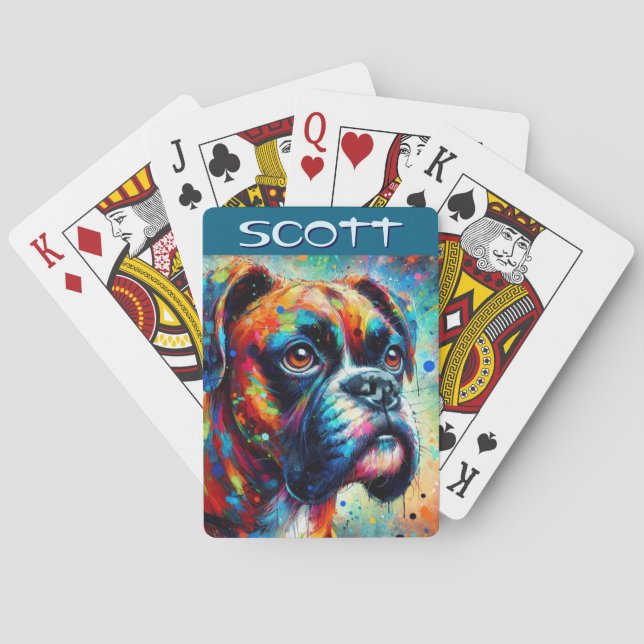 Colourful Pop Art Boxer Dog Personalised Teal Blue Playing Cards (Back)