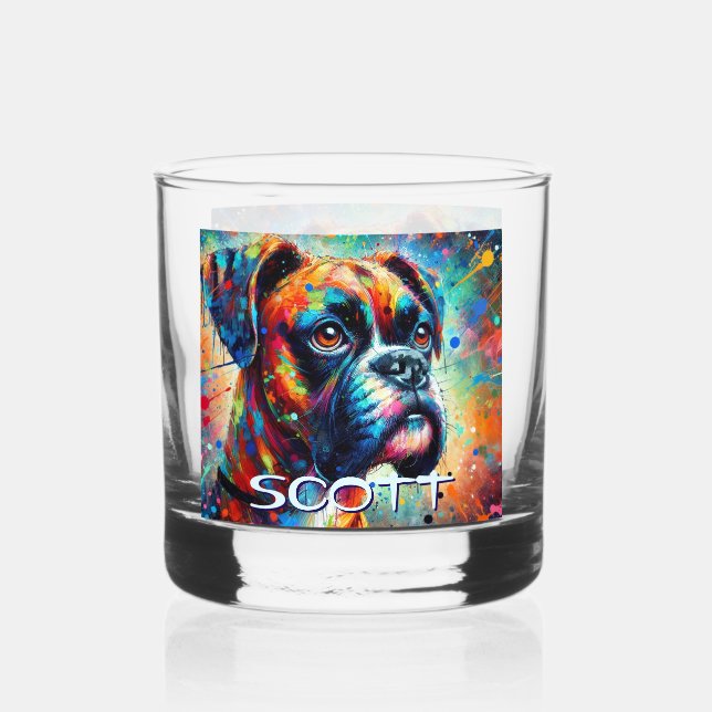 Colourful Pop Art Boxer Dog Personalised Teal Blue Whiskey Glass (Front)