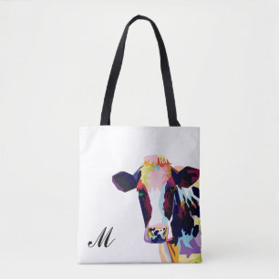Colourful Pop Art Cow Monogrammed Tote Bag