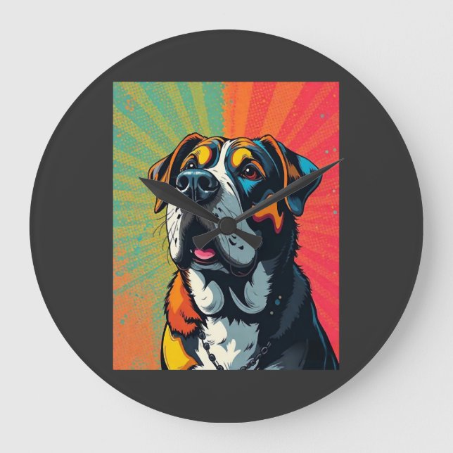 Colourful Pop Art Dog Illustration  Bold & Fun Pet Large Clock (Front)