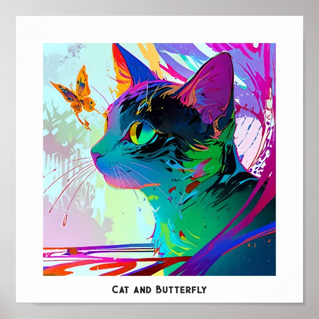 Colourful Pop Art Editable Cat and butterfly Poster (Front)