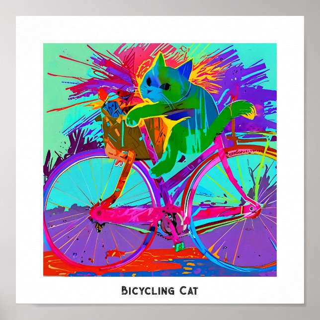 Colourful Pop Art Editable Comical Cat on Bicycle Poster (Front)
