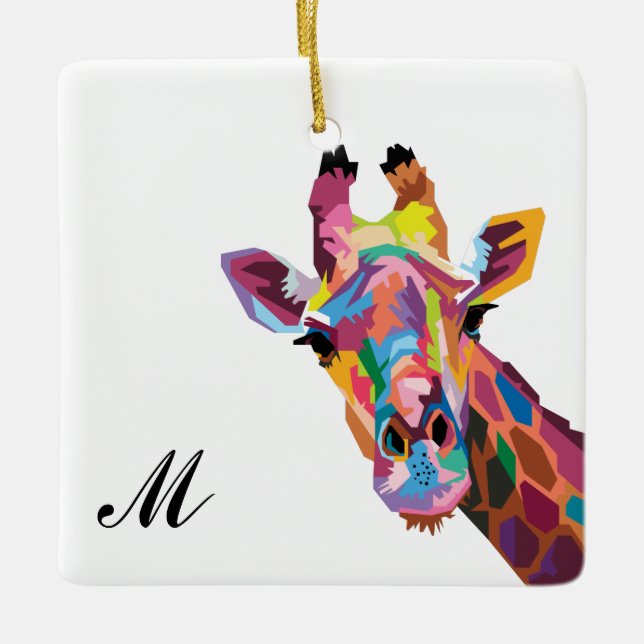 Colourful Pop Art Giraffe Monogrammed Ceramic Ornament (Front)
