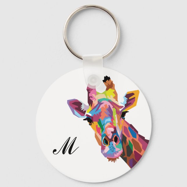 Colourful Pop Art Giraffe Monogrammed Key Ring (Front)