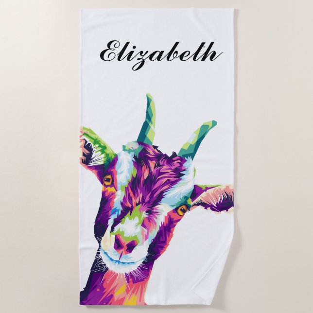 Colourful Pop Art Goat Personalised Beach Towel (Front)