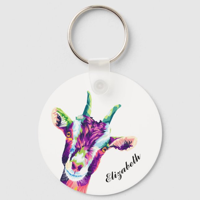 Colourful Pop Art Goat Personalised Key Ring (Front)
