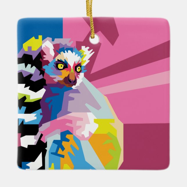 Colourful Pop Art Lemur Portrait Ceramic Tree Decoration (Front)