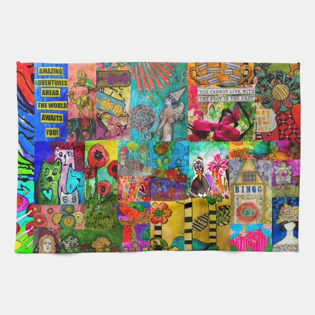 Colourful Pop Art Mixed-Media Collage Kitchen Towe Tea Towel (Horizontal)