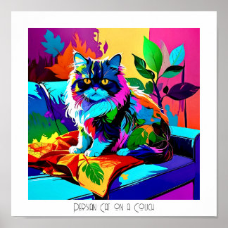 Colourful Pop Art Persian Cat on Couch Editable Poster