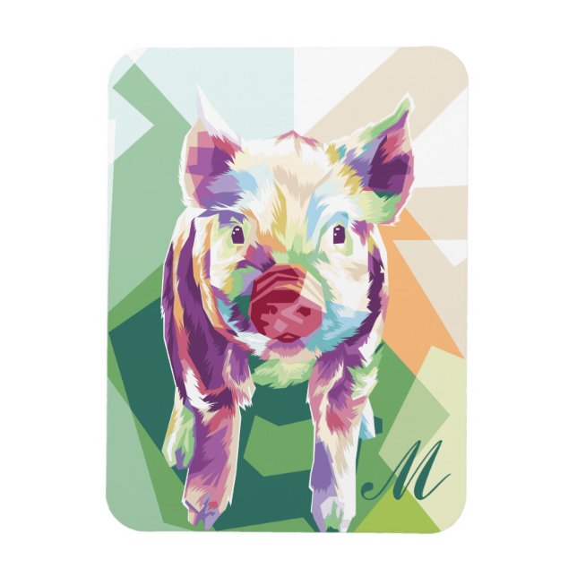 Colourful Pop Art Pig Monogrammed Magnet (Vertical)