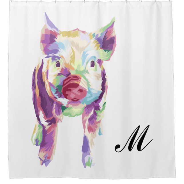 Colourful Pop Art Pig Monogrammed Shower Curtain (Front)