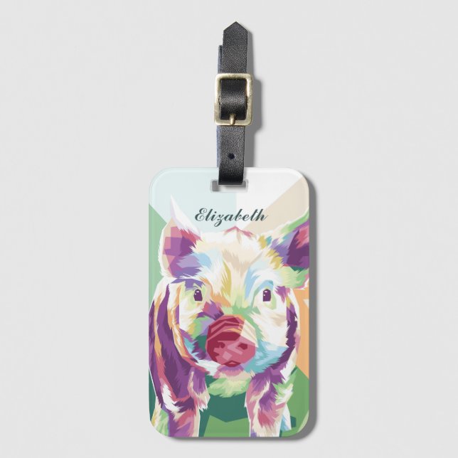 Colourful Pop Art Pig Personalised Luggage Tag (Front Vertical)