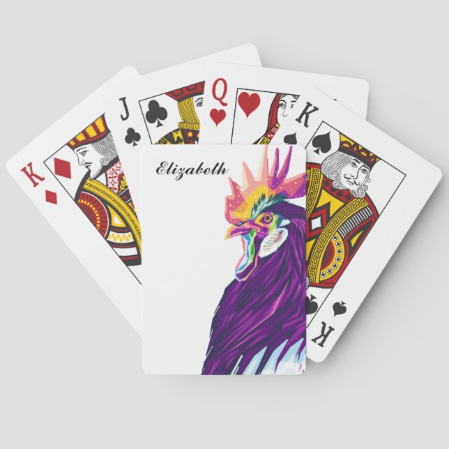 Colourful Pop Art Rooster Personalised Playing Car Cards (Back)