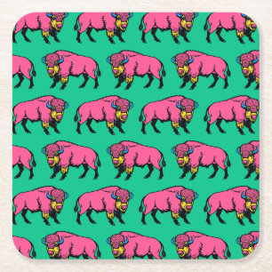 Colourful Pop-Art Southwestern Buffalo/Bison Square Paper Coaster