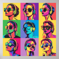 Colourful Pop Art Women with Sunglasses & Headphon