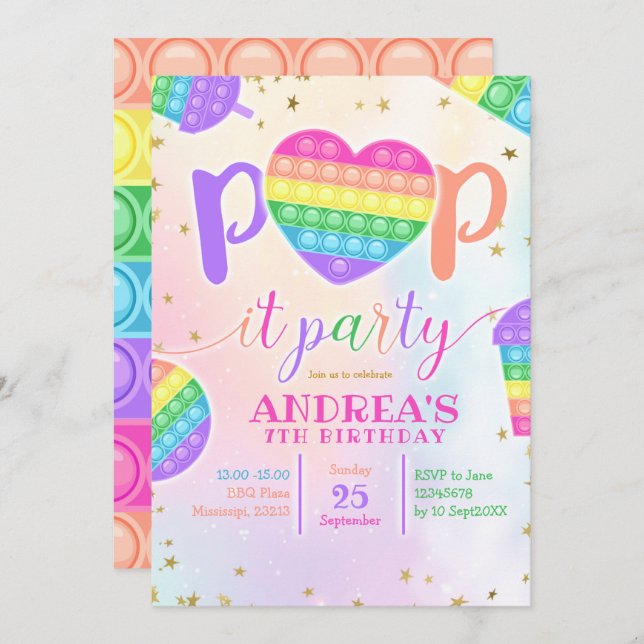 Colourful Pop it Birthday Party Invitation (Front/Back)
