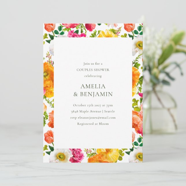 Colourful Poppies Floral Couples Wedding Shower Invitation (Standing Front)