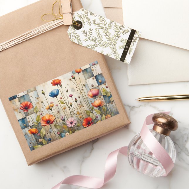 Colourful Poppies Floral Rustic Blue Patchwork Rectangular Sticker (Gifting)