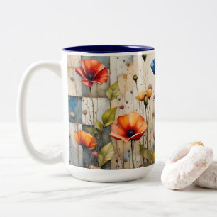 Colourful Poppies Floral Rustic Blue Patchwork Two-Tone Coffee Mug