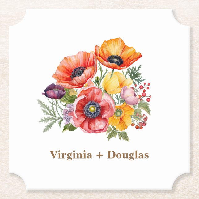 Colourful Poppies Wedding Coasters (Front)