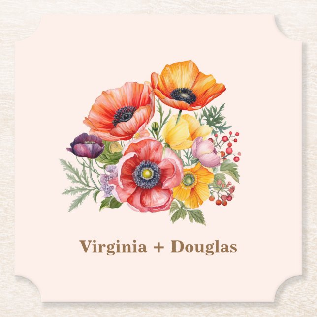Colourful Poppies Wedding Coasters (Front)