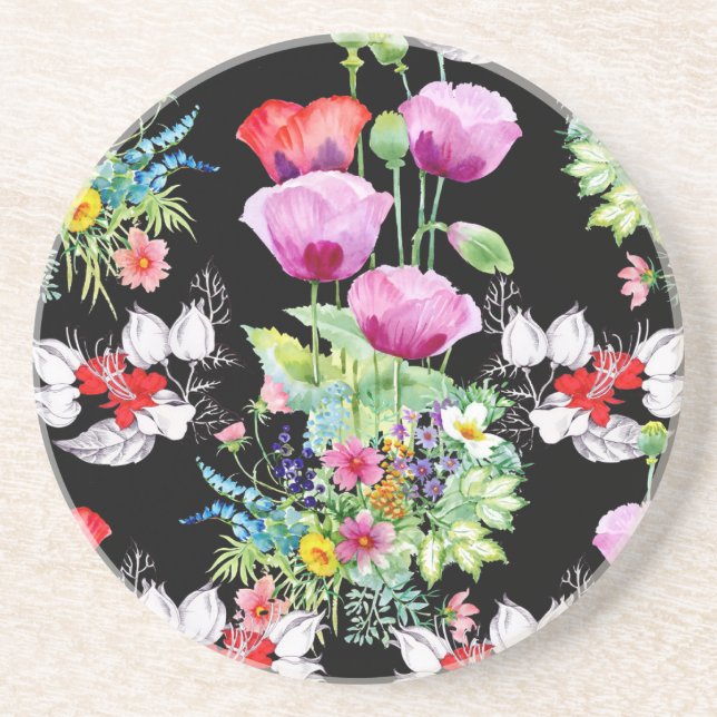 Colourful Poppy Summer Flowers Pattern Coaster (Front)
