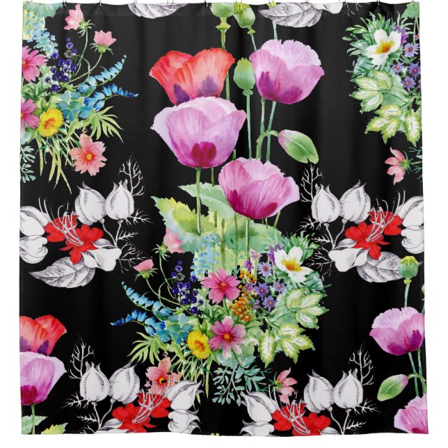 Colourful Poppy Summer Flowers Pattern Shower Curtain (Front)