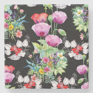 Colourful Poppy Summer Flowers Pattern Stone Coaster