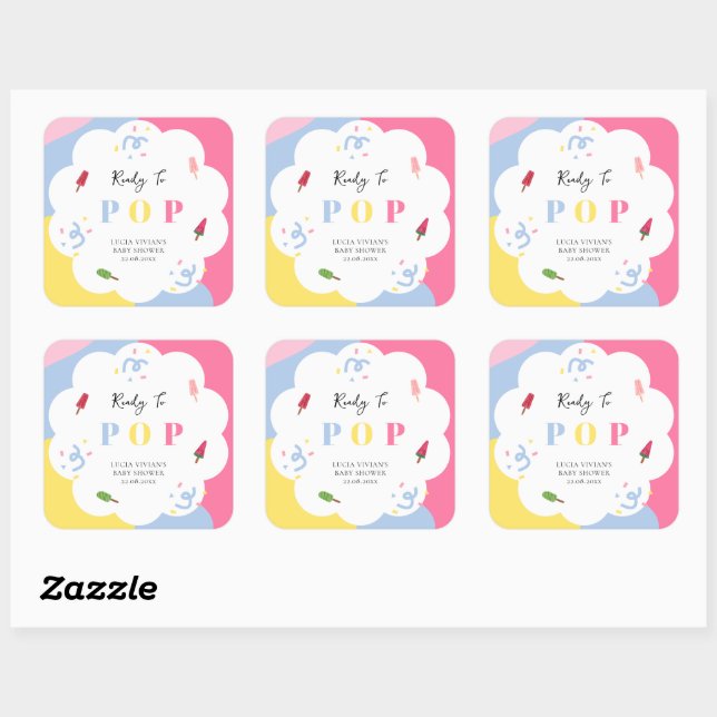 Colourful Popsicle Ready to Pop Baby Shower Square Sticker (Sheet)