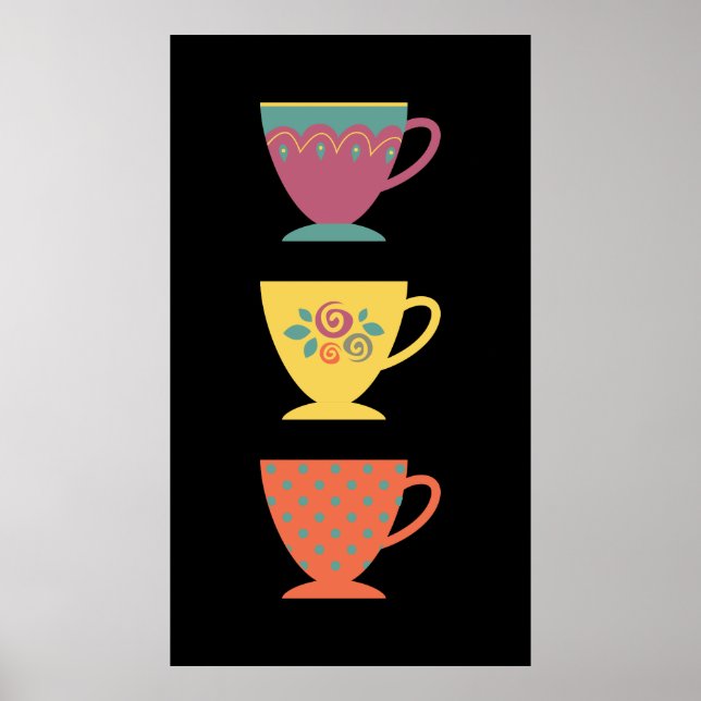 Colourful porcelain set of tea cups, coffe mugs poster (Front)