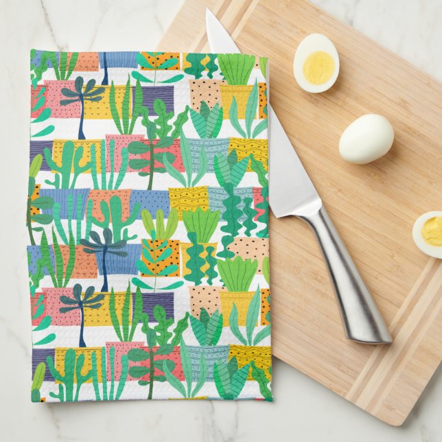 Colourful Pots and Cactus Pattern Tea Towel (Quarter Fold)