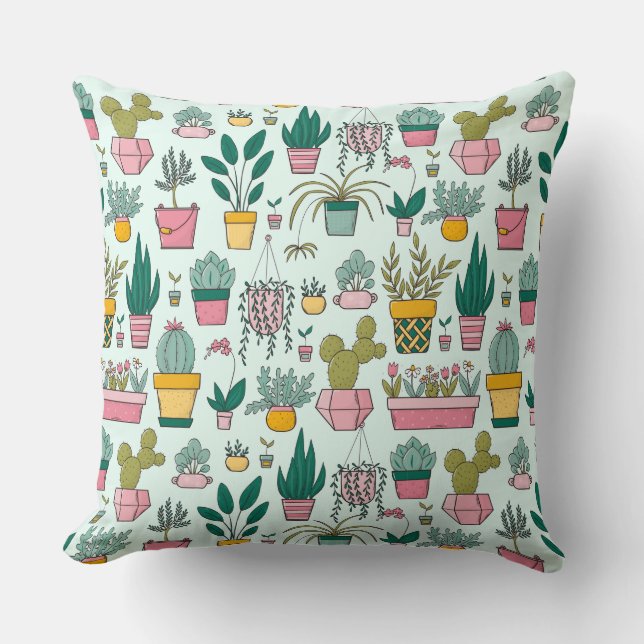 Colourful Potted Plants Succulent & Cactus Pattern Cushion (Front)