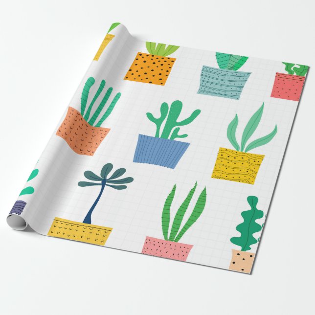 Colourful Potted Plants Wrapping Paper (Unrolled)