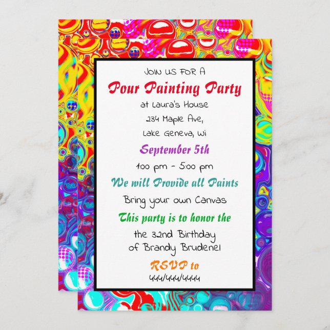Colourful   Pour Painting Party Birthday Invitatio Invitation (Front/Back)