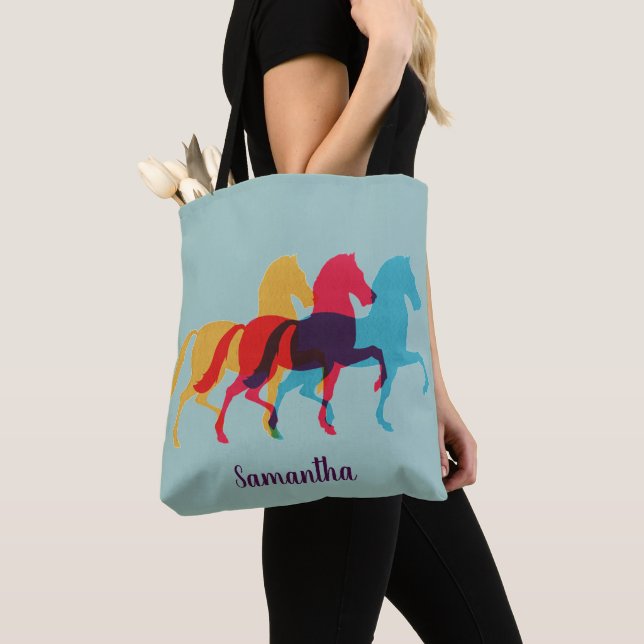 Colourful Prancing Horses Design Tote Bag (Close Up)