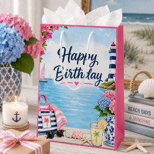 Colourful Preppy Pink Blue Coastal Summer Birthday Medium Gift Bag