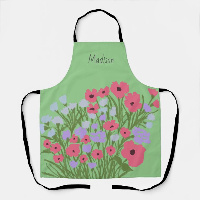 Colourful Pretty Floral Charm + Custom Name Apron (Front)