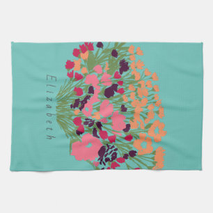 Colourful Pretty Floral Let’s Bloom + Custom Name Tea Towel